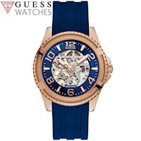 Reloj Guess Elite W1268G3 Automático Acero Inoxidable Oro Rosado Correa de Silicona Azul